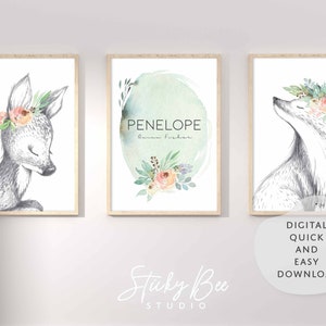 Reh und Fuchs Wald Skizze, Geburtsdruck, Floral Aquarell Kinderzimmer Druck, Baby-Kinderzimmer-Kunst-Set, Mädchen personalisierte Kinderzimmer Wandkunst