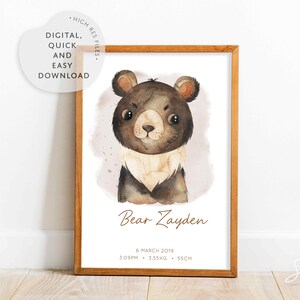 Bärenbild im Aquarellstil, Waldtiere, Waldposter, Baby Mädchenzimmer, personalisiertes Poster, Tierportrait
