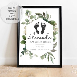 Detalles de la impresión de nacimiento de la guardería botánica, huellas de pies de bebé personalizadas como recuerdo, impresiones de guardería botánica, arte verde para guardería, póster de nacimiento