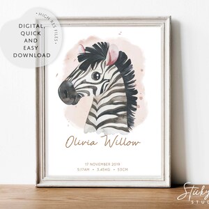 Lámina de acuarela de cebra para guardería, animal de safari, animal africano, láminas para guardería de bebés, arte personalizado para guardería, arte de retrato de animales