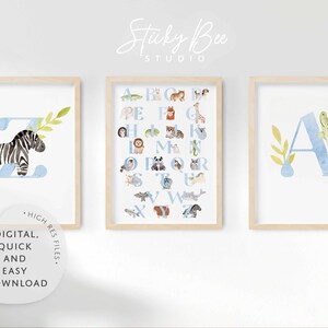 Impresión de monograma de letra del alfabeto animal para niño, arte animal en acuarela, impresión de nacimiento, arte infantil azul, impresión infantil para bebé, gráfico del alfabeto animal