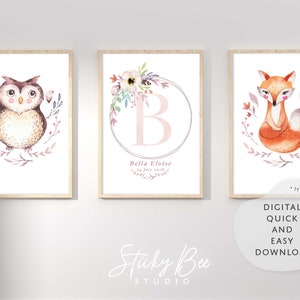 Lámina de nacimiento de guardería con diseño bohemio de búho y zorro, lámina de guardería con letras y monograma floral, juego de láminas artísticas para guardería, arte de pared personalizado para niña