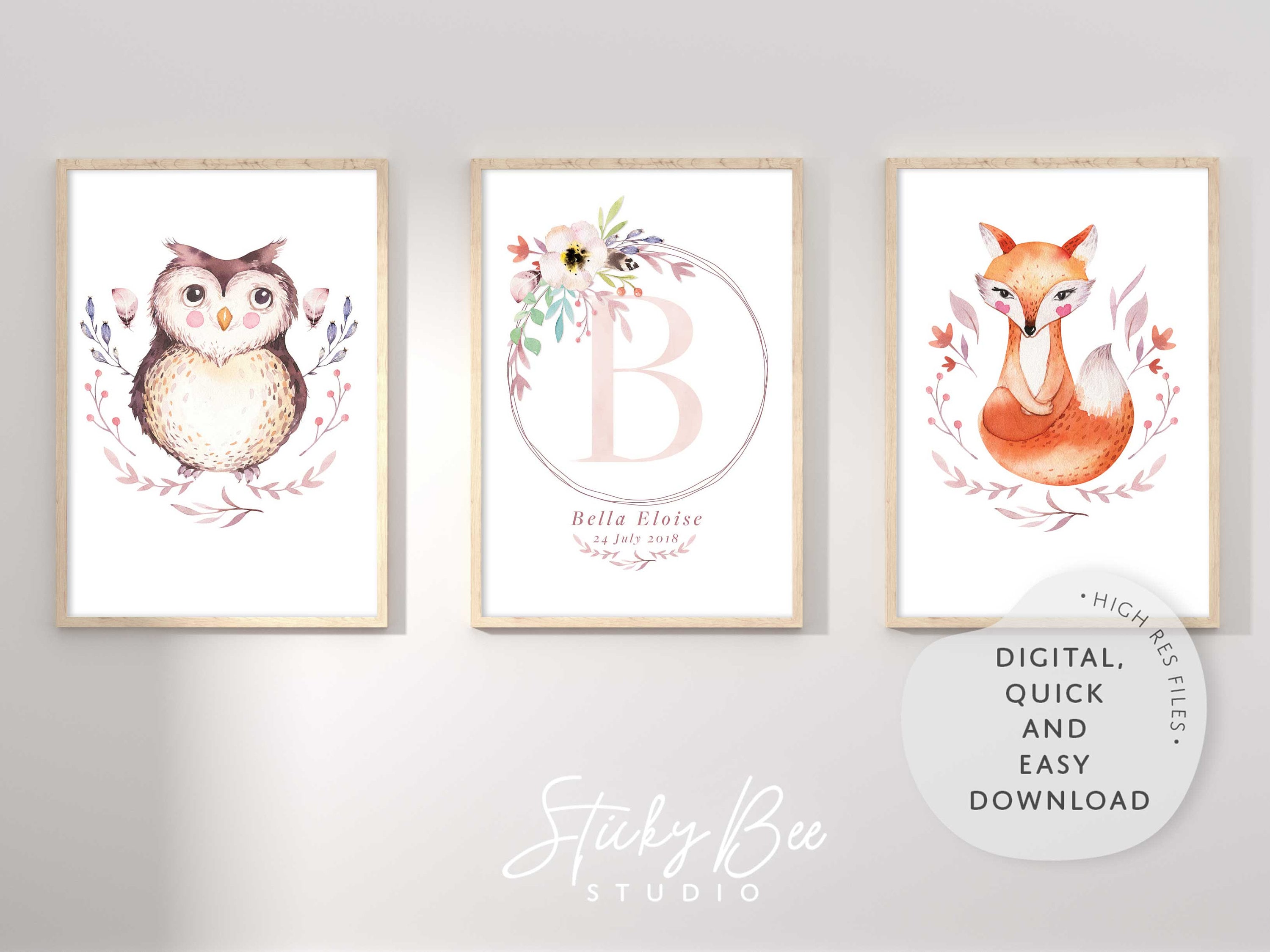 Owl and fox boho woodland nursery birth print, Floral monogram letter nursery print, Nursery art pri