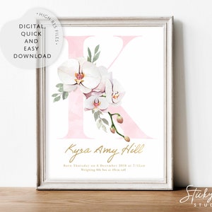 Lámina de nacimiento para bebé con letras florales doradas, lámina de acuarela floral para guardería, lámina de monograma para guardería, póster de nacimiento, lámina de nacimiento personalizada para niña