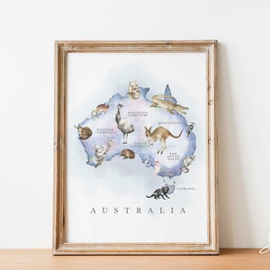 Wombat, Koala, Känguru, Australien Karte, Bilder von Australien, Kinderzimmer, Babyzimmer, Babyzimmer