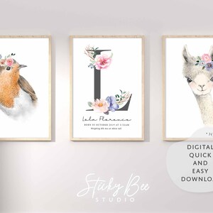 Lámina de nacimiento de guardería con diseño bohemio de pájaros y llamas, monograma floral, juego de láminas artísticas para guardería de bebé, lámina personalizada para guardería de niña, lámina con bocetos