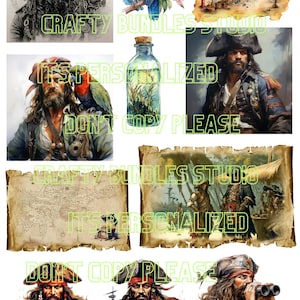 May include: A collection of pirate-themed digital art prints. The images include portraits of pirates, maps, a parrot, and a bottle with a cork. The color palette features shades of brown, blue, and green. Text overlays read "ITS PERSONALIZED", "DON'T COPY PLEASE", and "CRAFTY BUNDLES STUDIO".