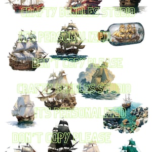 May include: A selection of watercolour illustrations of sailing ships, including a ship in a bottle. The ships vary in colour and design, with some featuring red, black, and green sails. Text overlays read "IT'S PERSONALIZED", "DON'T COPY PLEASE", and "CRAFTY BUNDLES STUDIO".