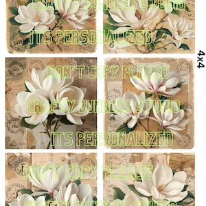 May include: A collage of six square images featuring white magnolia flowers with green leaves and brown branches. The background has a vintage paper texture with stamps and text that reads "IT'S PERSONALIZED" and "CRAFTY BUNDLES STUDIO".