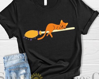 Halloween Black Cat On A Witch Broom Shirt,Witch Broom Womens Halloween Tee,Cat Lover Tee Shirt For Halloween,Halloween Cat Shirt,Cat Lover