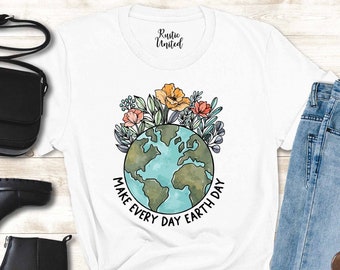May include: White t-shirt with a graphic of a blue and green Earth surrounded by flowers and the text "Make Every Day Earth Day".