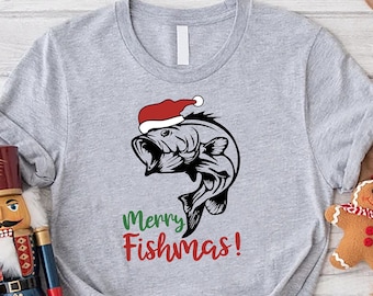 May include: Gray t-shirt with a graphic of a fish wearing a Santa hat and the text "Merry Fishmas!"
