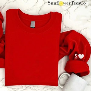 Custom Embroidered Initial Heart Sweatshirt, Matching Couples Anniversary Sweater, Initial On Sleeve Embroidered Sweater, Engagement Gifts