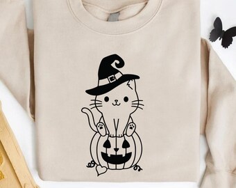 Black Cat On Pumpkin Sweatshirt,Ghots Cat Retro Halloween Shirt,Kids Halloween,Halloween Cat Mama Gift Gift For Cat Lovers,Cat Halloween Tee