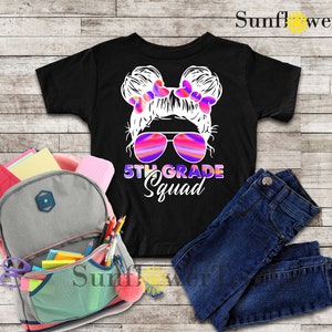 May include: Black t-shirt with a graphic of a girl with pigtails wearing sunglasses and the text "5th Grade Squad".