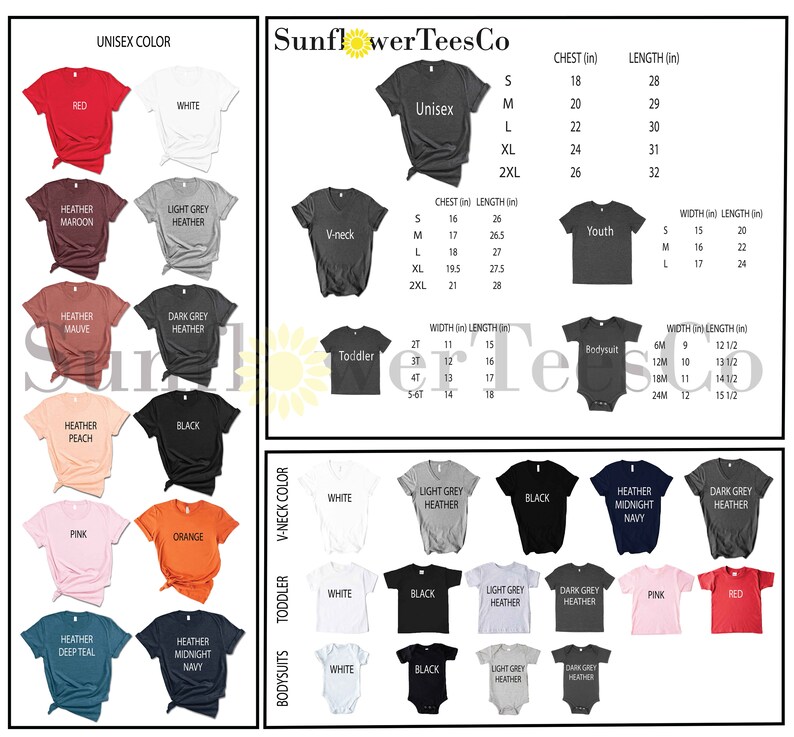 Op de afbeelding: Een productafbeelding van SunflowerTeesCo toont een verscheidenheid aan t-shirts in verschillende kleuren en maten. De afbeelding bevat een maattabel met afmetingen in inches voor unisex, V-hals, peuter, jeugd en bodysuit stijlen. Kleuropties zijn rood, wit en zwart.