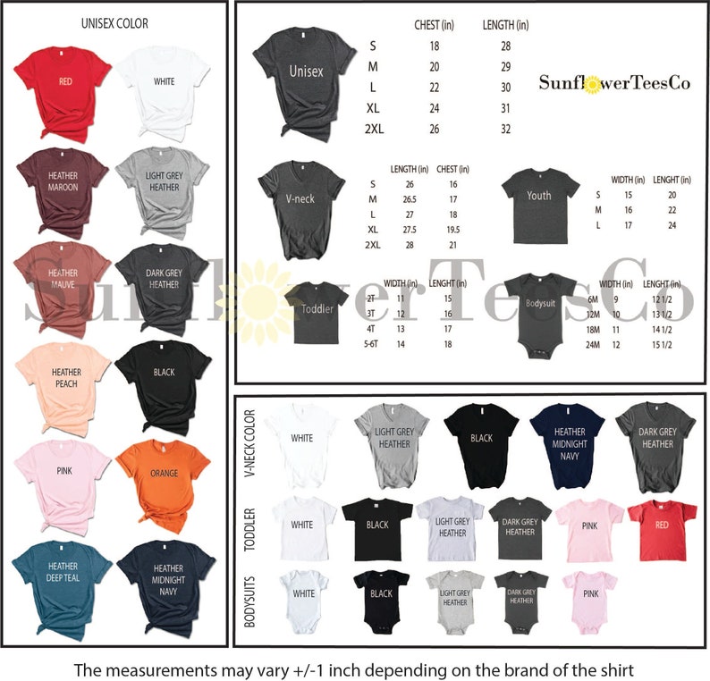 Op de afbeelding: Een tabel met verschillende T-shirt kleuren en maten voor unisex, jeugd, peuter en bodysuit stijlen. De tabel bevat metingen voor borst, lengte, breedte en hoogte in inches. De tabel bevat ook de tekst "SunflowerTeesCo".