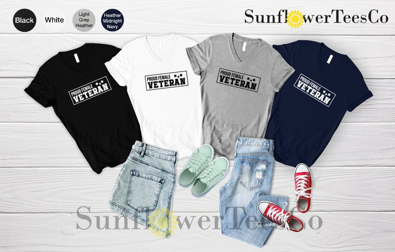 May include: Four V-neck t-shirts in black, white, heather gray, and navy blue with the text "PROUD FEMALE VETERAN" printed in white on each shirt.