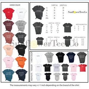 K&ouml;nnte beinhalten: Eine Tabelle mit verschiedenen T-Shirt- und Bodygr&ouml;&szlig;en und -farben f&uuml;r Erwachsene, Jugendliche, Kleinkinder und Babys. Die Tabelle enth&auml;lt Ma&szlig;e f&uuml;r Brustumfang, L&auml;nge, Breite und H&ouml;he in Zoll. Die Tabelle enth&auml;lt auch den Text "SunflowerTeesCo".