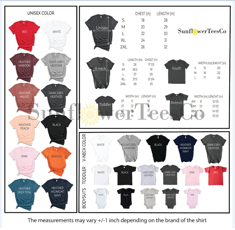 K&ouml;nnte beinhalten: Eine Tabelle mit verschiedenen T-Shirt- und Bodygr&ouml;&szlig;en und -farben f&uuml;r Erwachsene, Jugendliche, Kleinkinder und Babys. Die Tabelle enth&auml;lt Ma&szlig;e f&uuml;r Brustumfang, L&auml;nge, Breite und H&ouml;he in Zoll. Die Tabelle enth&auml;lt auch den Text "SunflowerTeesCo".