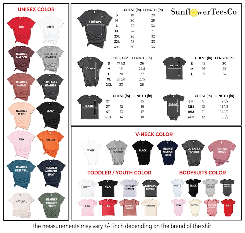 May include: A chart showing different t-shirt colors and sizes for unisex, v-neck, toddler, youth, and bodysuit styles. The chart includes measurements for chest and length in inches. The chart also includes the text "SunflowerTeesCo".