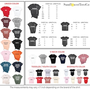 K&ouml;nnte beinhalten: Eine Tabelle mit verschiedenen T-Shirt-Farben und -Gr&ouml;&szlig;en f&uuml;r Unisex, V-Ausschnitt, Kleinkind, Jugend und Bodys. Die Tabelle enth&auml;lt Brust- und L&auml;ngenma&szlig;e in Zoll. Die Tabelle tr&auml;gt den Titel "SunflowerTeesCo".