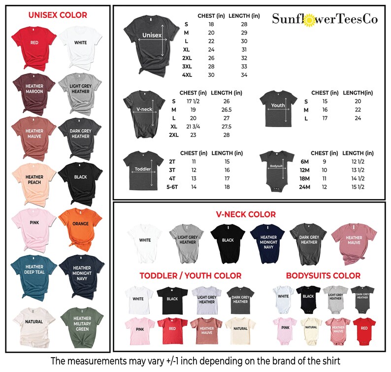K&ouml;nnte beinhalten: Eine Tabelle mit verschiedenen T-Shirt-Farben und -Gr&ouml;&szlig;en f&uuml;r Unisex, V-Ausschnitt, Kleinkind, Jugend und Bodys. Die Tabelle enth&auml;lt Brust- und L&auml;ngenma&szlig;e in Zoll. Die Tabelle tr&auml;gt den Titel "SunflowerTeesCo".