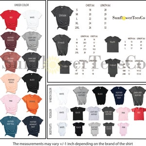 May include: A color chart for unisex, V-neck, toddler, and bodysuit t-shirts. Colors include red, white, black, and various heather shades. Measurements are provided in inches for chest, length, and width. The text "SunflowerTeesCo" is visible.