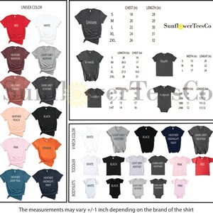 Op de afbeelding: Een tabel met verschillende T-shirt kleuren en maten voor unisex, jeugd, peuter en bodysuit stijlen. De tabel bevat metingen voor borst, lengte, breedte en hoogte in inches. De tabel bevat ook de tekst "SunflowerTeesCo".