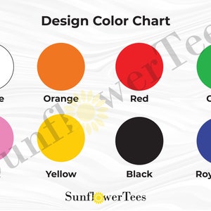 May include: Color chart with 10 color swatches: white, orange, red, green, pink, yellow, black, royal blue, light blue, and brown. The chart is titled "Design Color Chart".