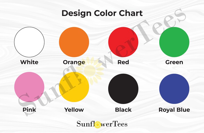 May include: Color chart with 10 color swatches: white, orange, red, green, pink, yellow, black, royal blue, light blue, and brown. The chart is titled "Design Color Chart".