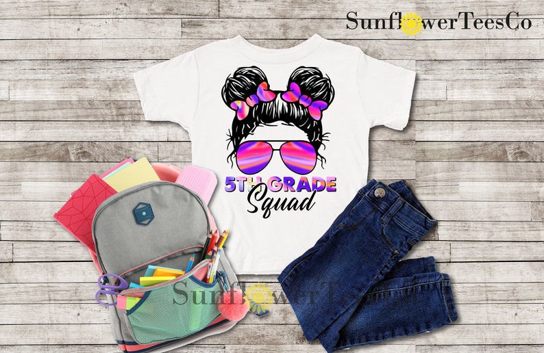 May include: White t-shirt with a graphic of a girl with pigtails wearing sunglasses and the text "5th Grade Squad".