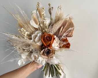 Whimsical Bridal Bouquet - Dried & Real Touch Artifical flowers - Coffee, toffee tones