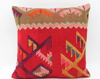 Handmade Turkish Kilim Pillow Cover, Red Boho Home Decor (16x16 inch)