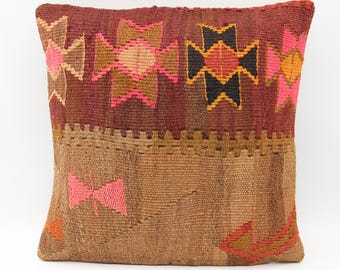 Vintage Kilim Pillow Cover, 16x16, Turkish Wool Boho Decor