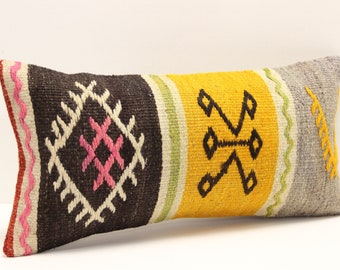 Kilim Lumbar Pillow Cover: Turkish Handmade Wool Pillow (10x20 inch)