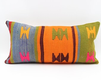 Handmade Kilim Lumbar Pillow: Vintage Wool Pillow Cover (10x20)