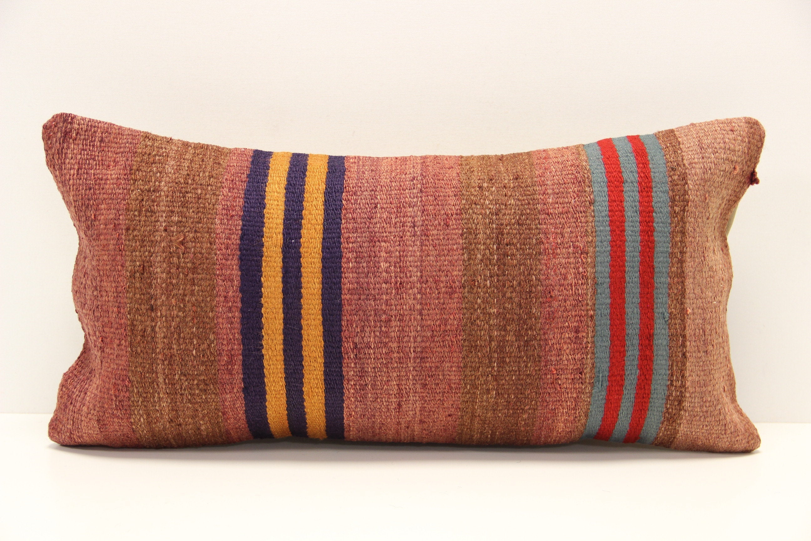 Handmade Kilim Lumbar Pillow Cover: Turkish Wool Pillow, 10x20 inch