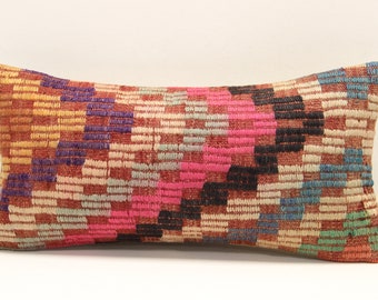 Kilim Lumbar Pillow Cover: Turkish Handmade Wool Pillow (10x20 inch)