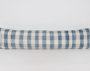 Handmade Kilim Lumbar Pillow Cover: Blue & White Check, 12x48 inch