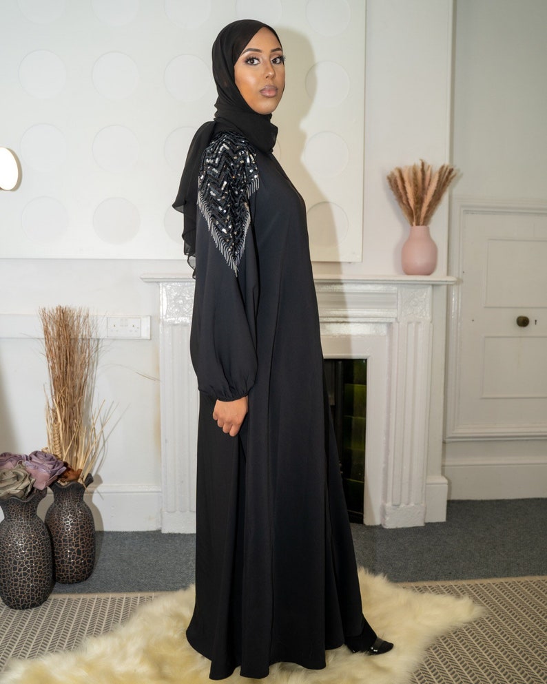 Elegant Open Black Sequin Abaya