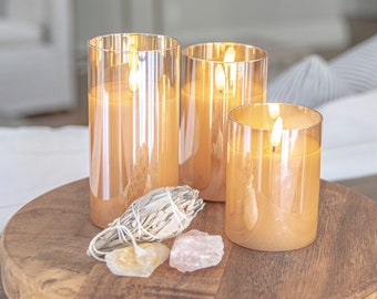 Flameless Candles with Remote Control & Timer, Amber Glass Votive Candles with Flickering Flame, Battery Operated LED 4", 5" 6", Set of 3