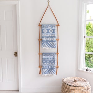 Wall Hanging Blanket Ladder with Leather Straps | Handcrafted Decorative Wooden Ladder Shelf | Boho Bathroom Decor for Throw Towel or Quilt