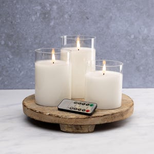 Flameless LED Hurricane Glass Candles - White Set of 3 with Remote & Timer - Battery Operated, Safe Home Décor, Ambient Lighting