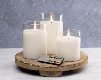 Flameless LED Hurricane Glass Candles - White Set of 3 with Remote & Timer - Battery Operated, Safe Home Décor, Ambient Lighting