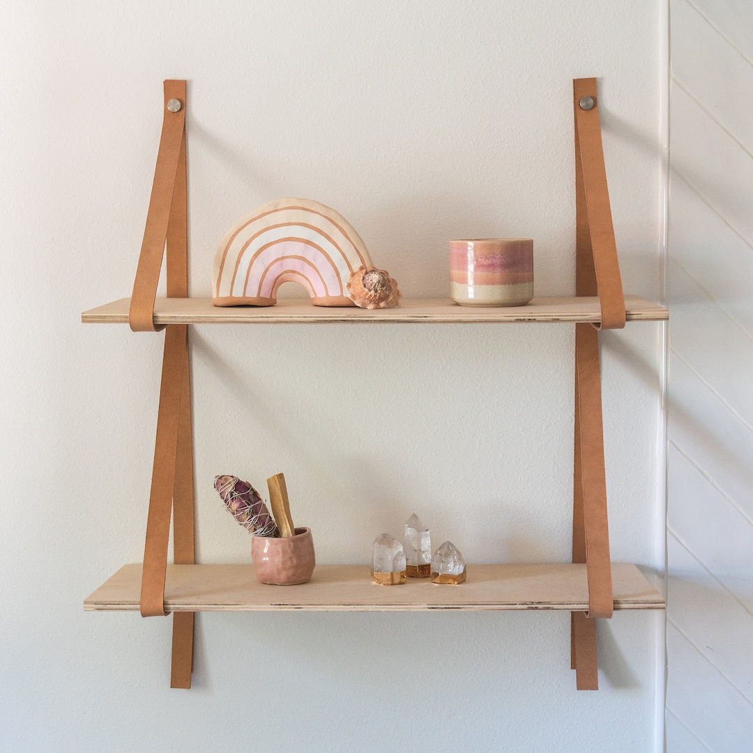 Hanging Shelves With Leather Straps, Floating Wooden Shelf, Bathroom