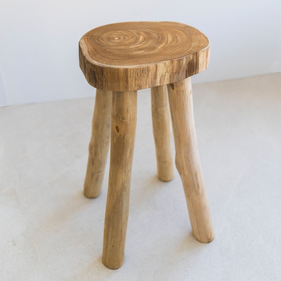Live Edge Teak Wood Stool, Modern Plant Stand, Rustic Bathroom Accent, Handmade Sustainable Furniture, Accent Table, Wooden Side Table