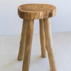 May include: A wooden stool with a natural wood finish and four legs. The top of the stool is a thick slice of wood with a natural grain pattern.