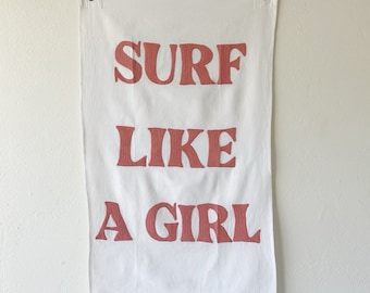 Surf Like A Girl Wall Hanging | 100% Embroidered Cotton Canvas | Vintage Hippie Beach Style, Home Nursery Perfect Gift or Boho Art 22"x36"