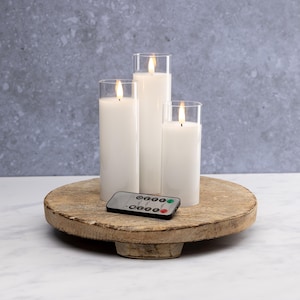 White Pillar Flameless LED Glass Candle Set of 3 – Battery Operated with Remote & Timer, Safe Home Décor, Modern Ambient Lighting, Weddings